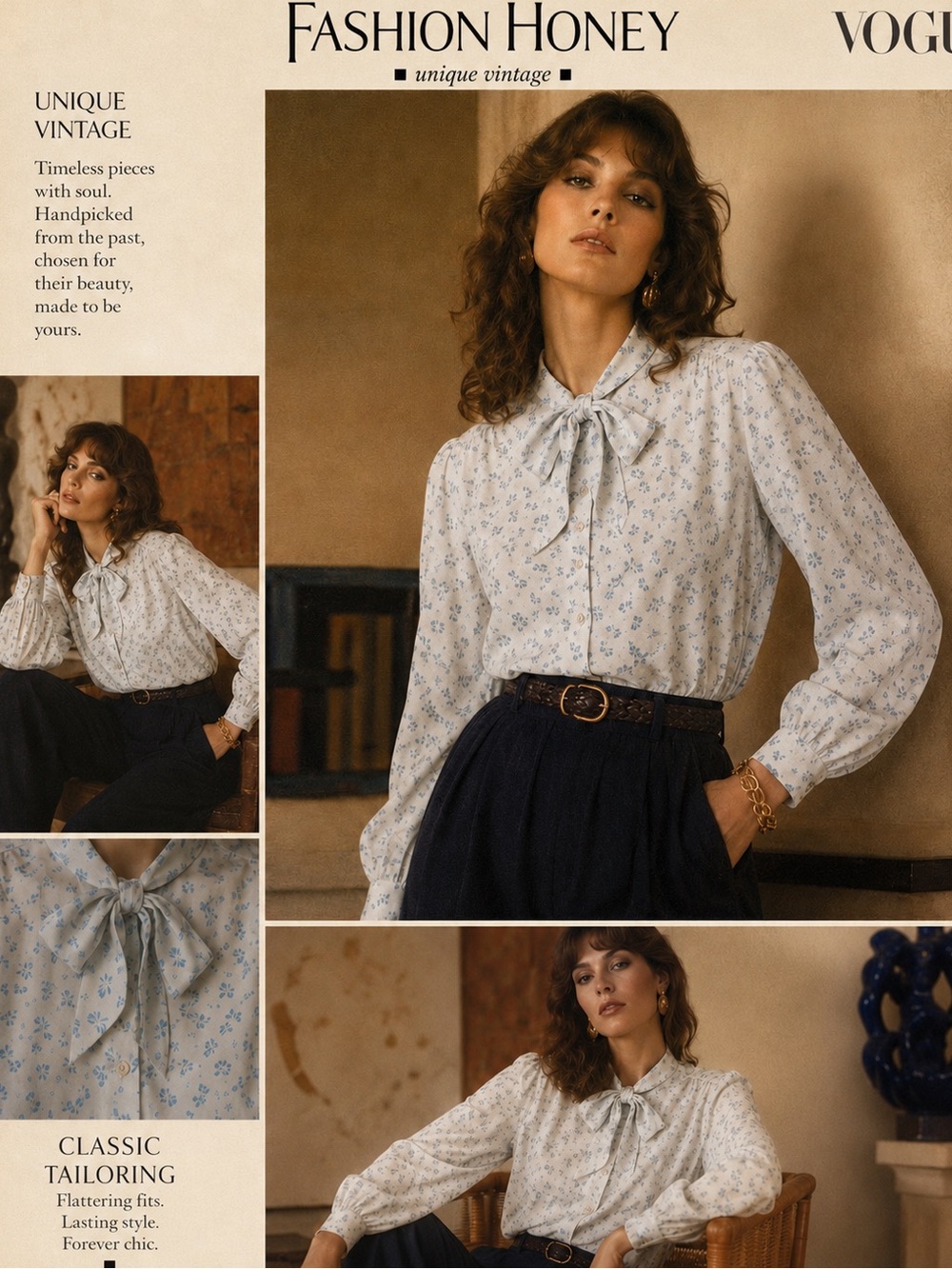 VTG 80s Rhapsody Bow Blouse White Blue Bow Print Button Front XL
